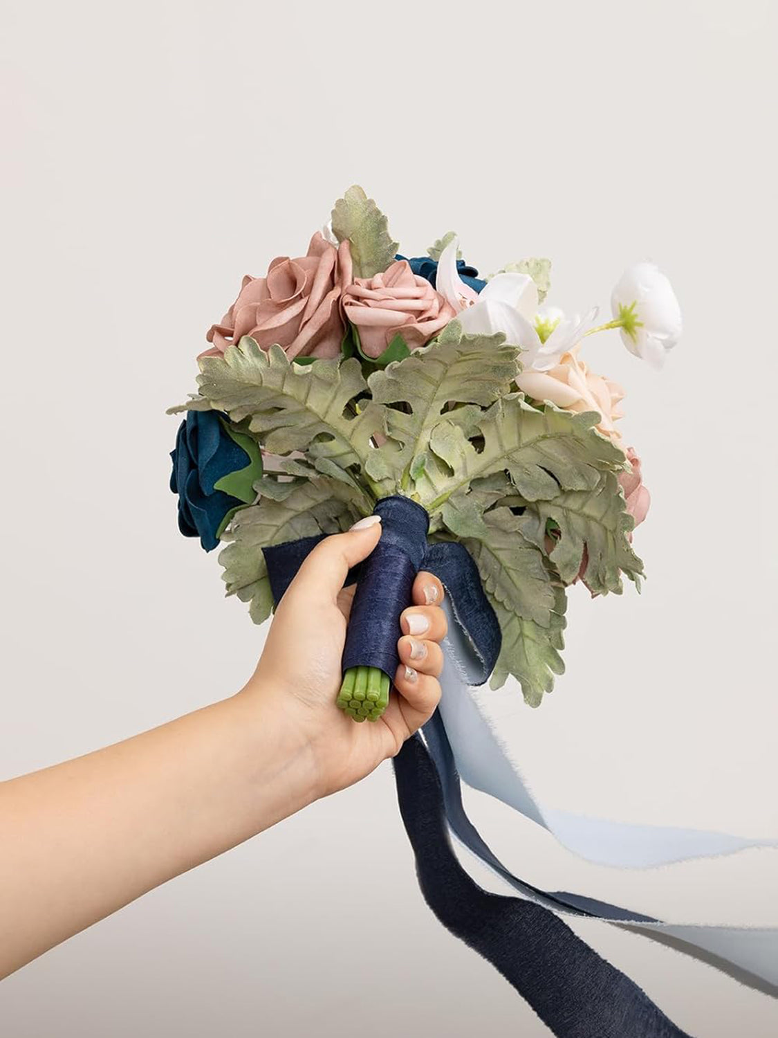 Dusty Rose & Navy Artificial Wedding Flower Bridesmaids Bouquets 7 Inch