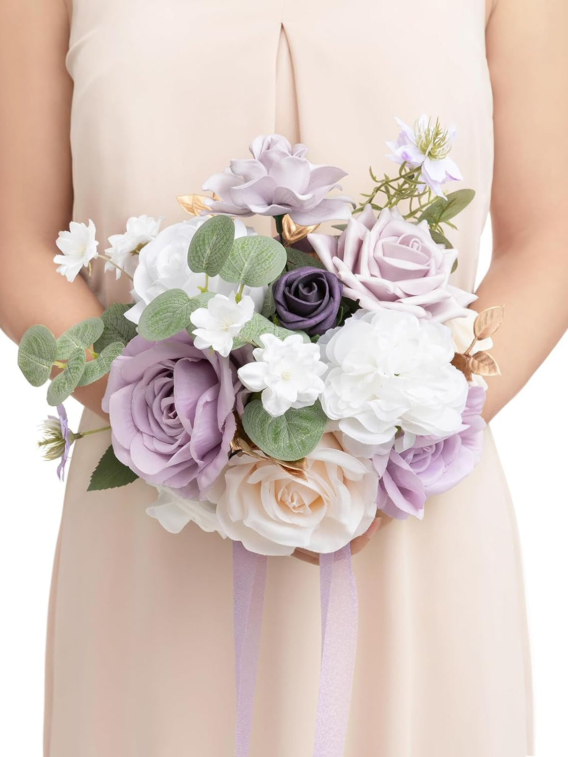 Gold & Lilac Artificial Wedding Flower Bridesmaids Bouquets 7 Inch
