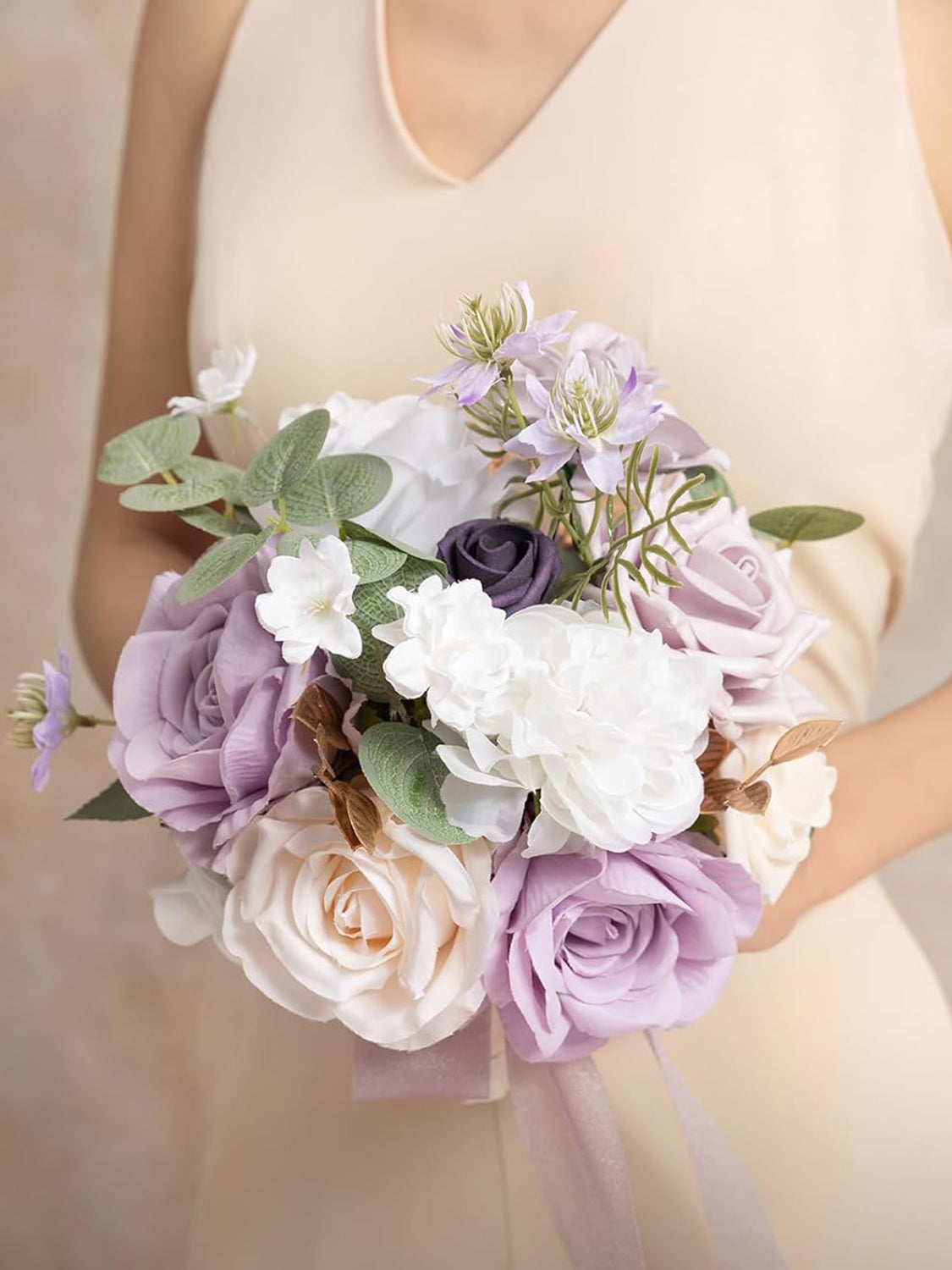 Gold & Lilac Artificial Wedding Flower Bridesmaids Bouquets 7 Inch
