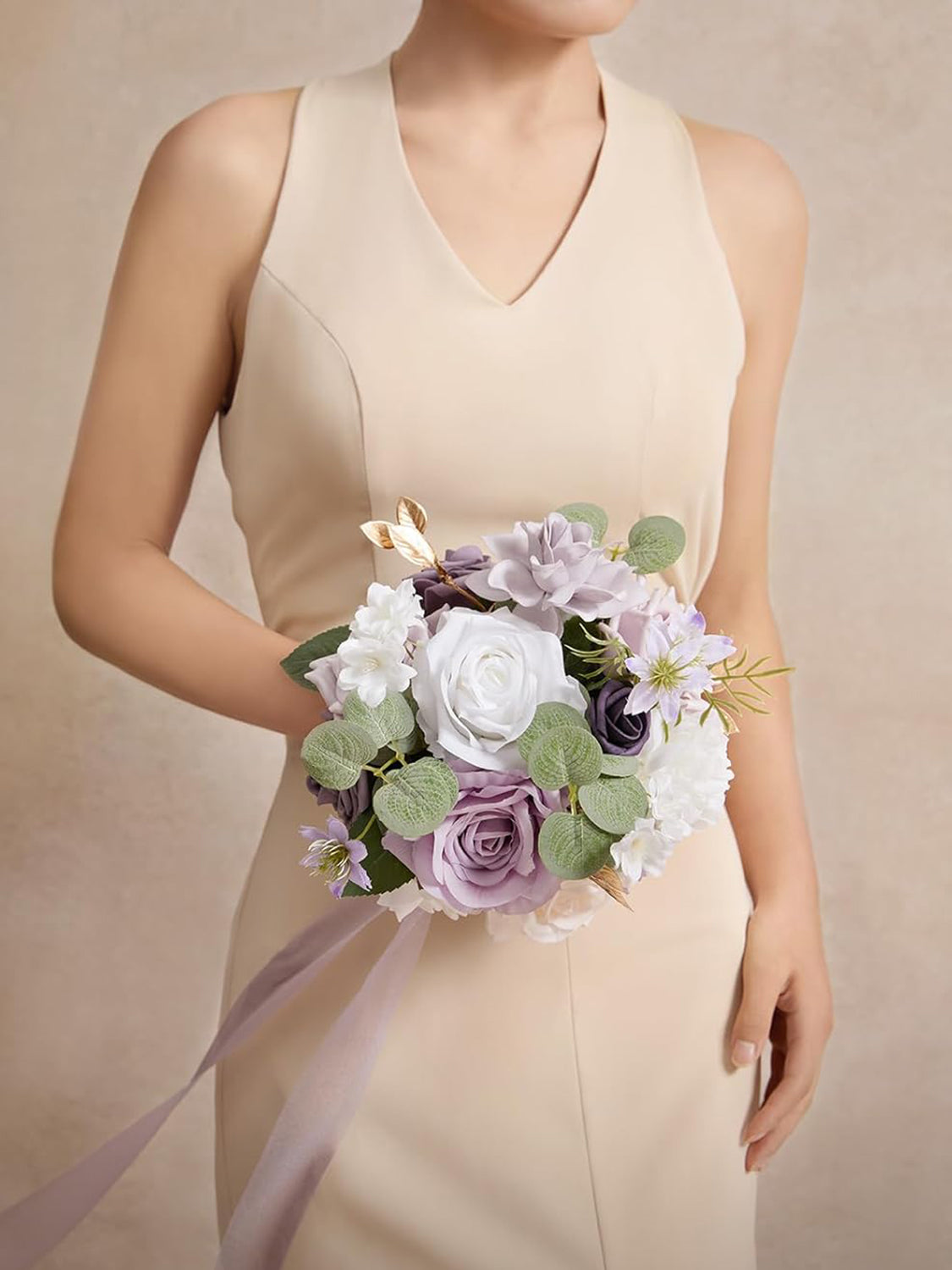 Gold & Lilac Artificial Wedding Flower Bridesmaids Bouquets 7 Inch