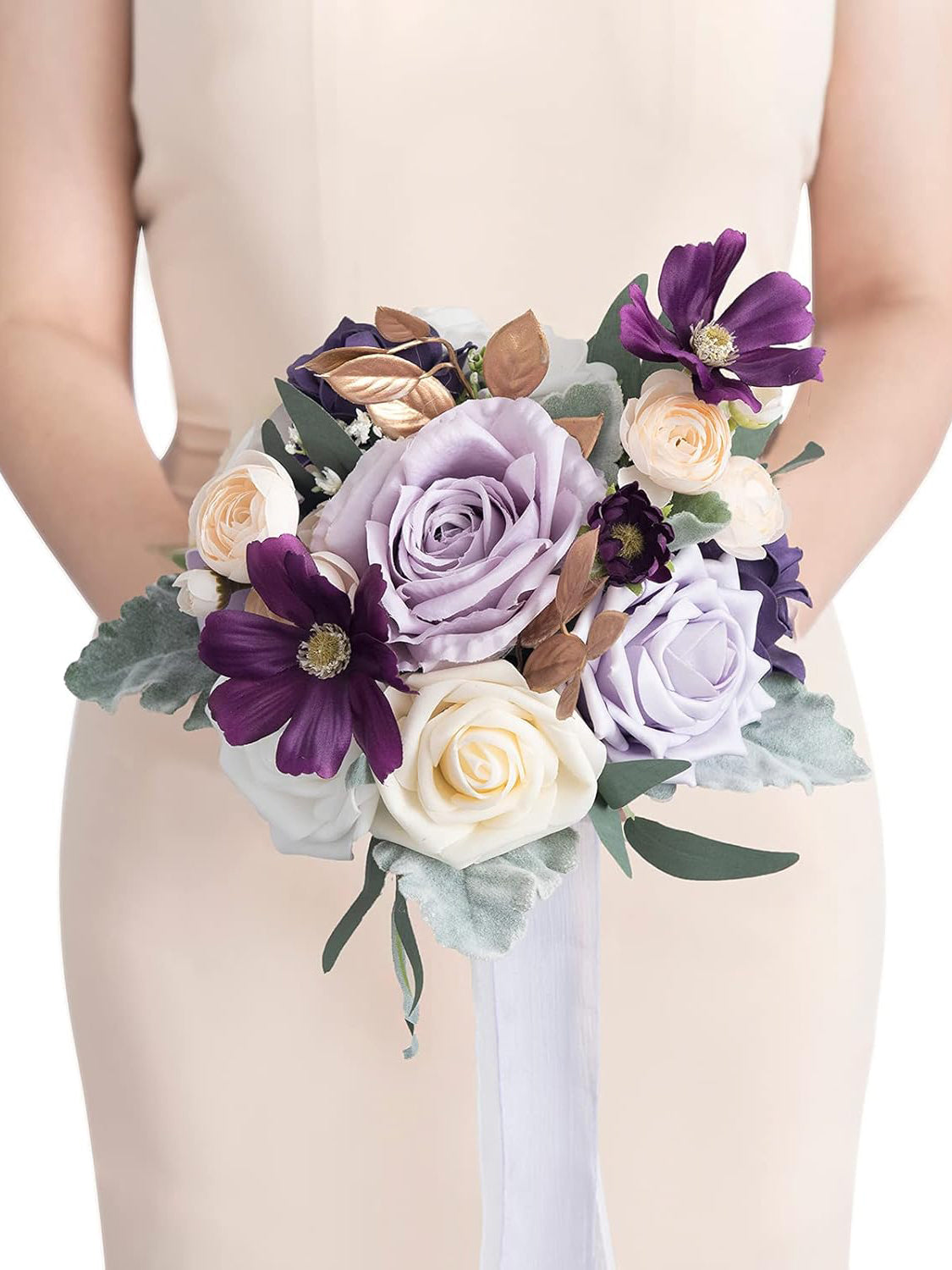 Purple Lilac & Gold Artificial Wedding Flower Bridesmaids Bouquets 7 Inch