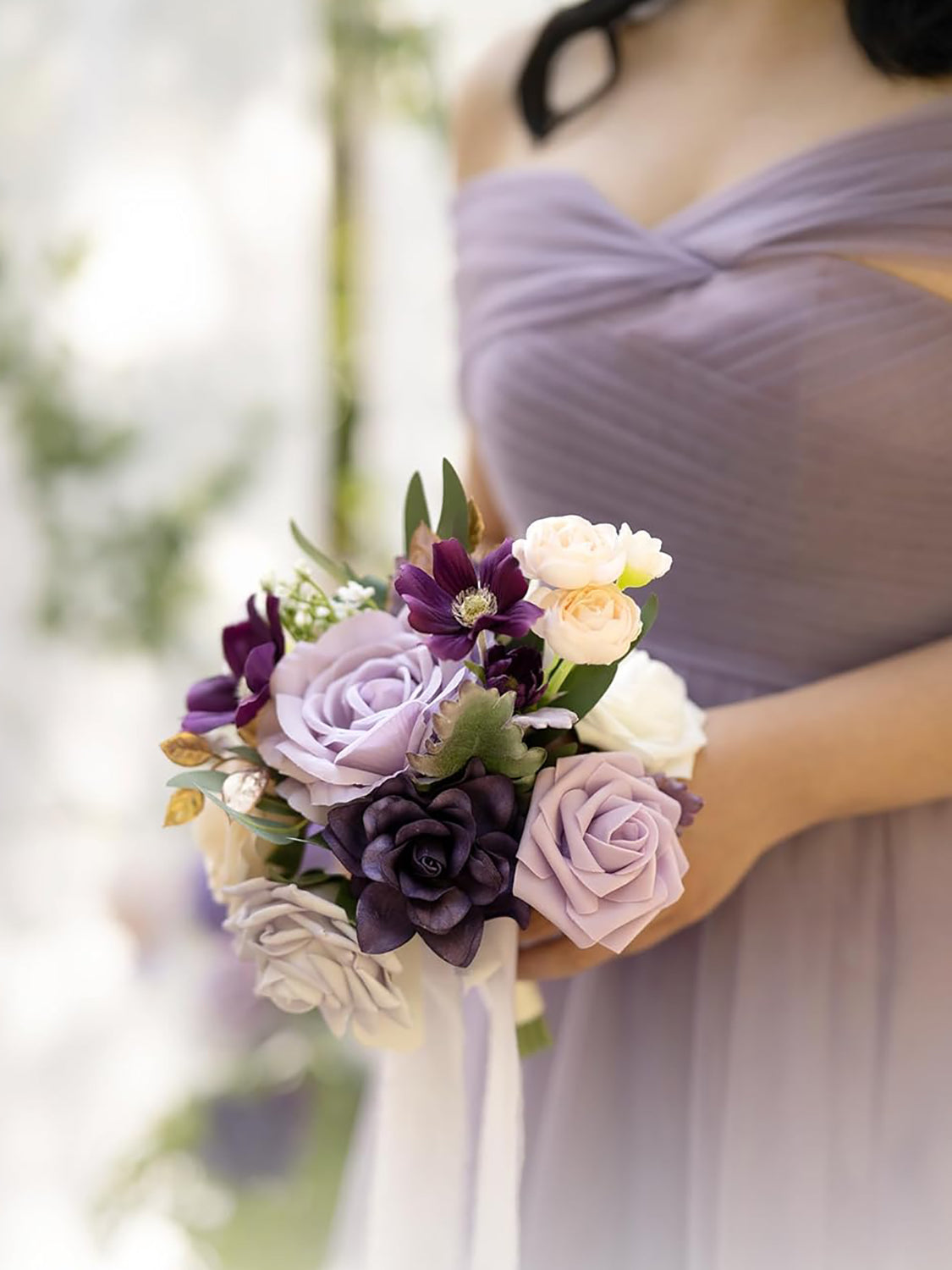 Purple Lilac & Gold Artificial Wedding Flower Bridesmaids Bouquets 7 Inch