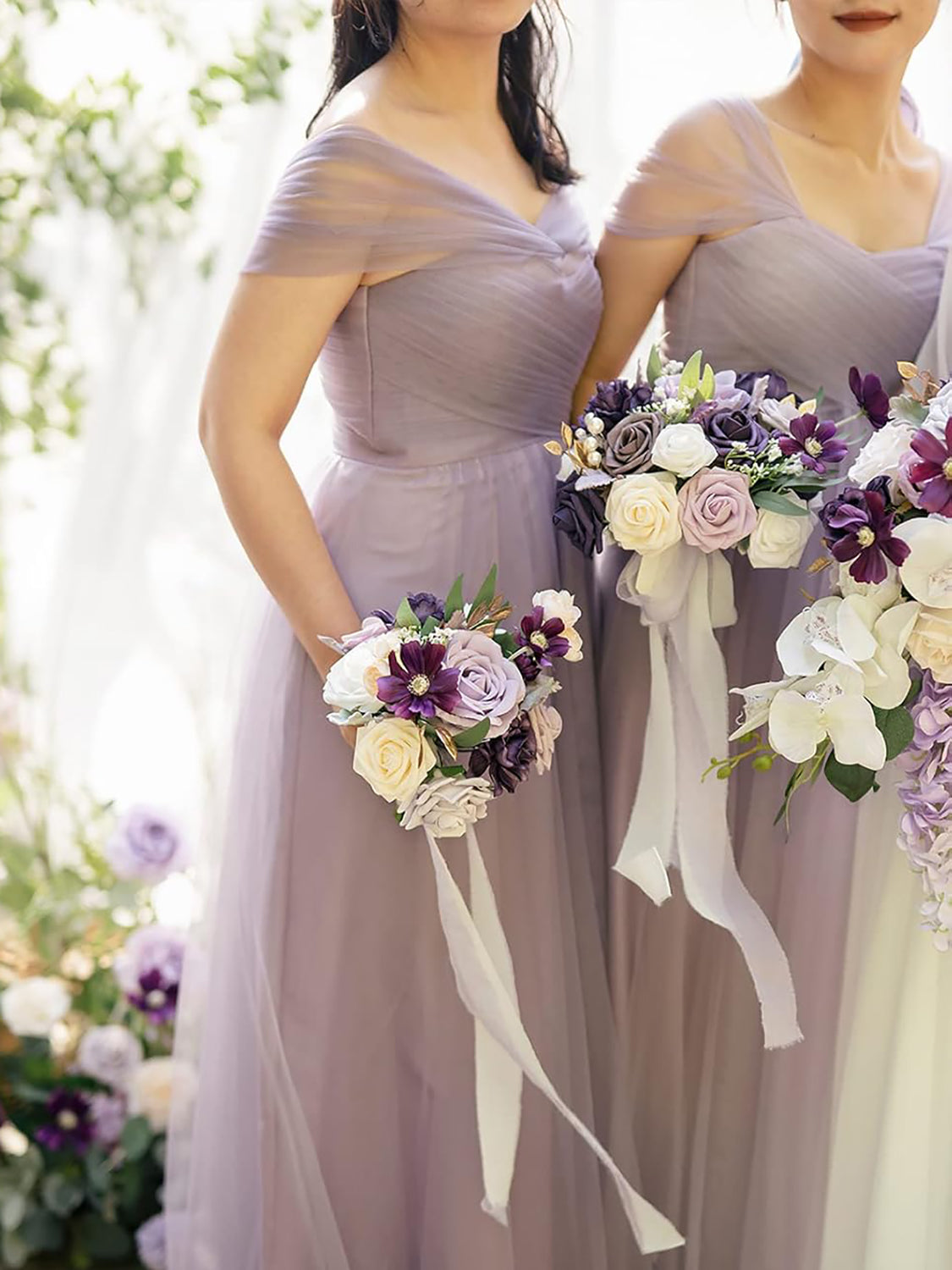 Purple Lilac & Gold Artificial Wedding Flower Bridesmaids Bouquets 7 Inch