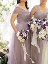 Purple Lilac & Gold Artificial Wedding Flower Bridesmaids Bouquets 7 Inch