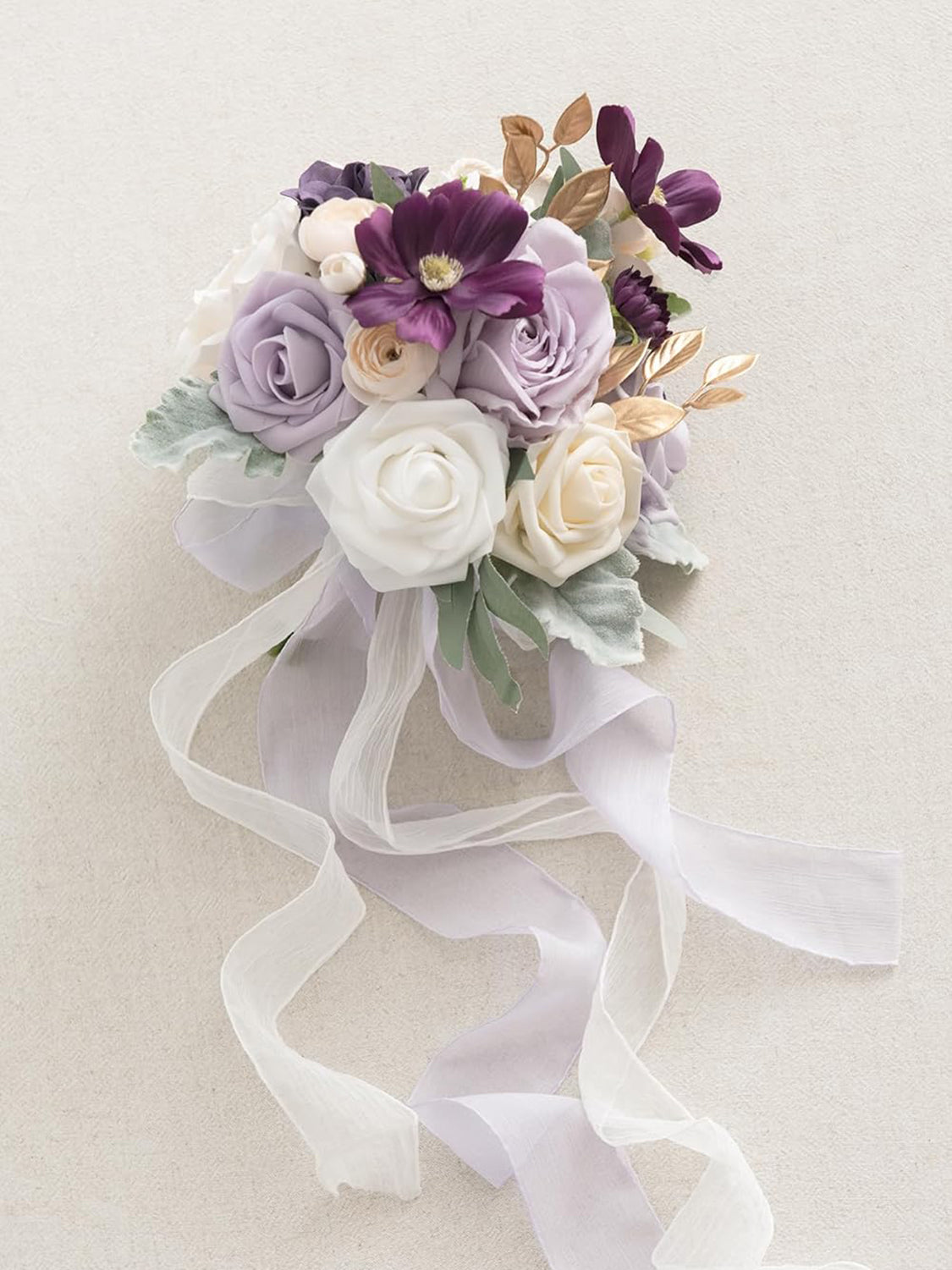 Purple Lilac & Gold Artificial Wedding Flower Bridesmaids Bouquets 7 Inch