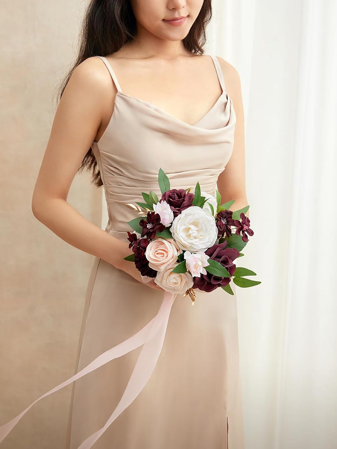 Marsala & Blush Wedding Artificial Flowers Bridesmaid Bouquet 7 Inch