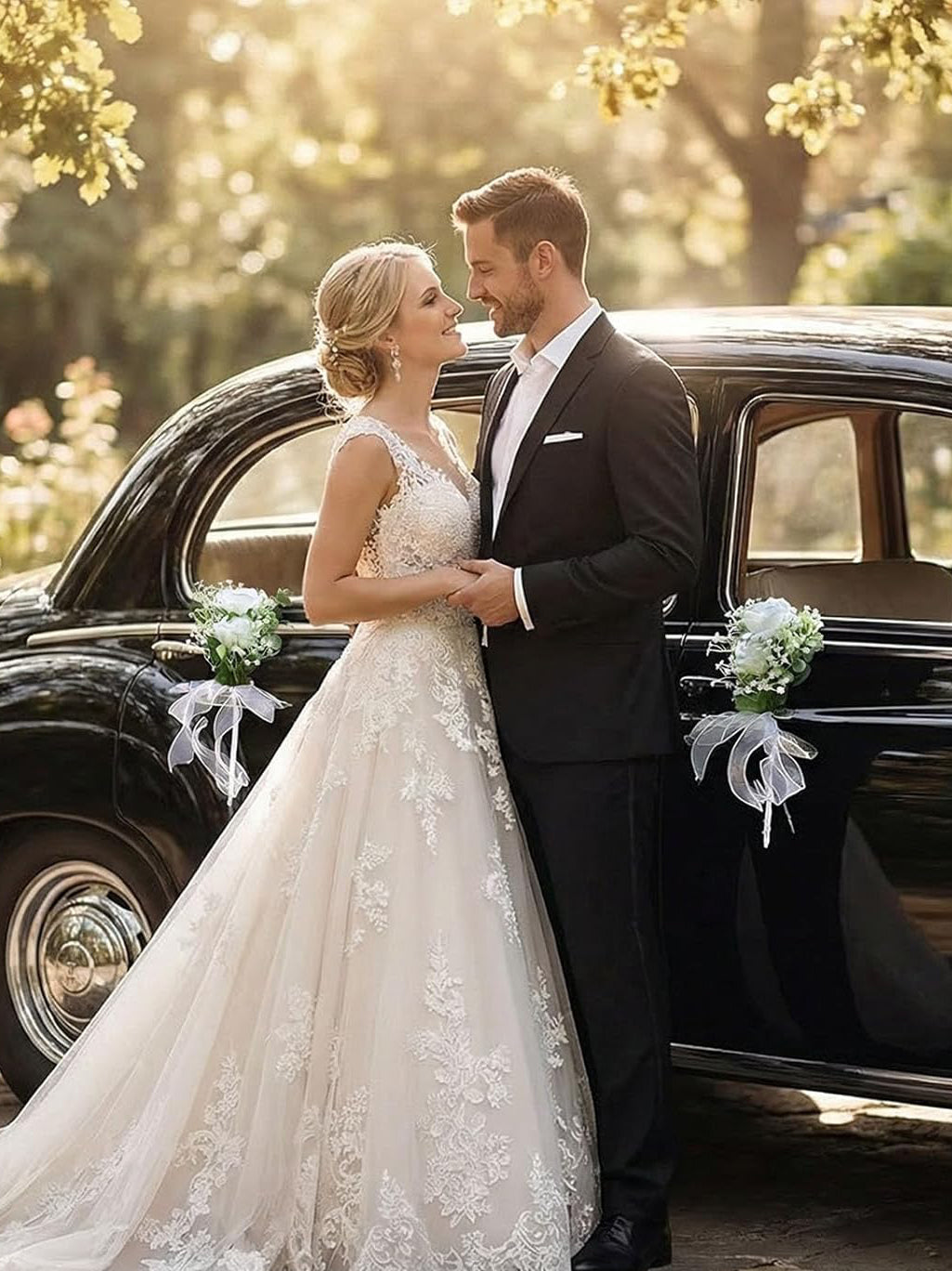 White Rose Artificial Wedding Car Door Handle Decoration 4 Pack