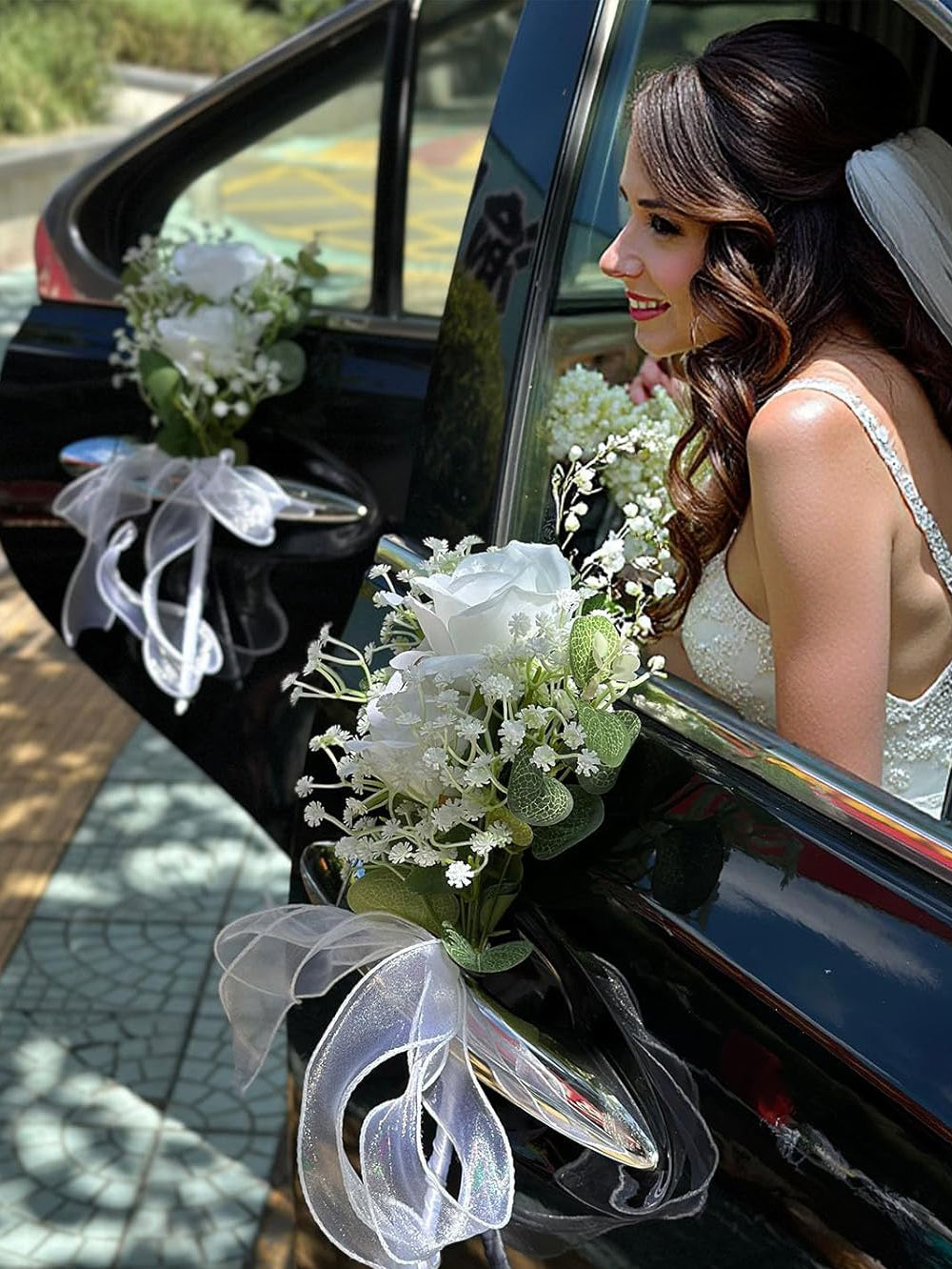 White Rose Artificial Wedding Car Door Handle Decoration 4 Pack