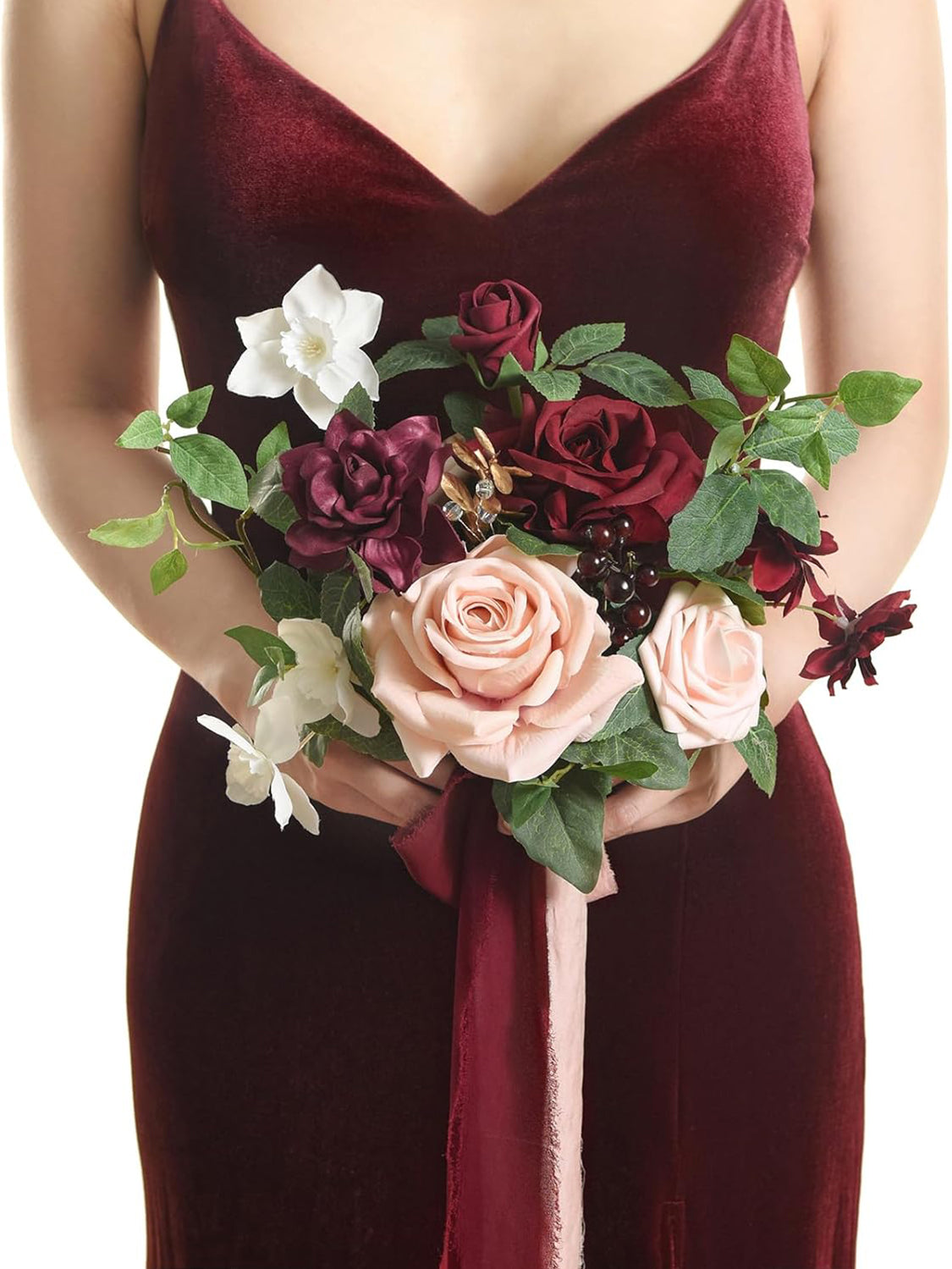 Marsala & Blush Pink Artificial Flowers Bridesmaid Bouquet 7 Inch