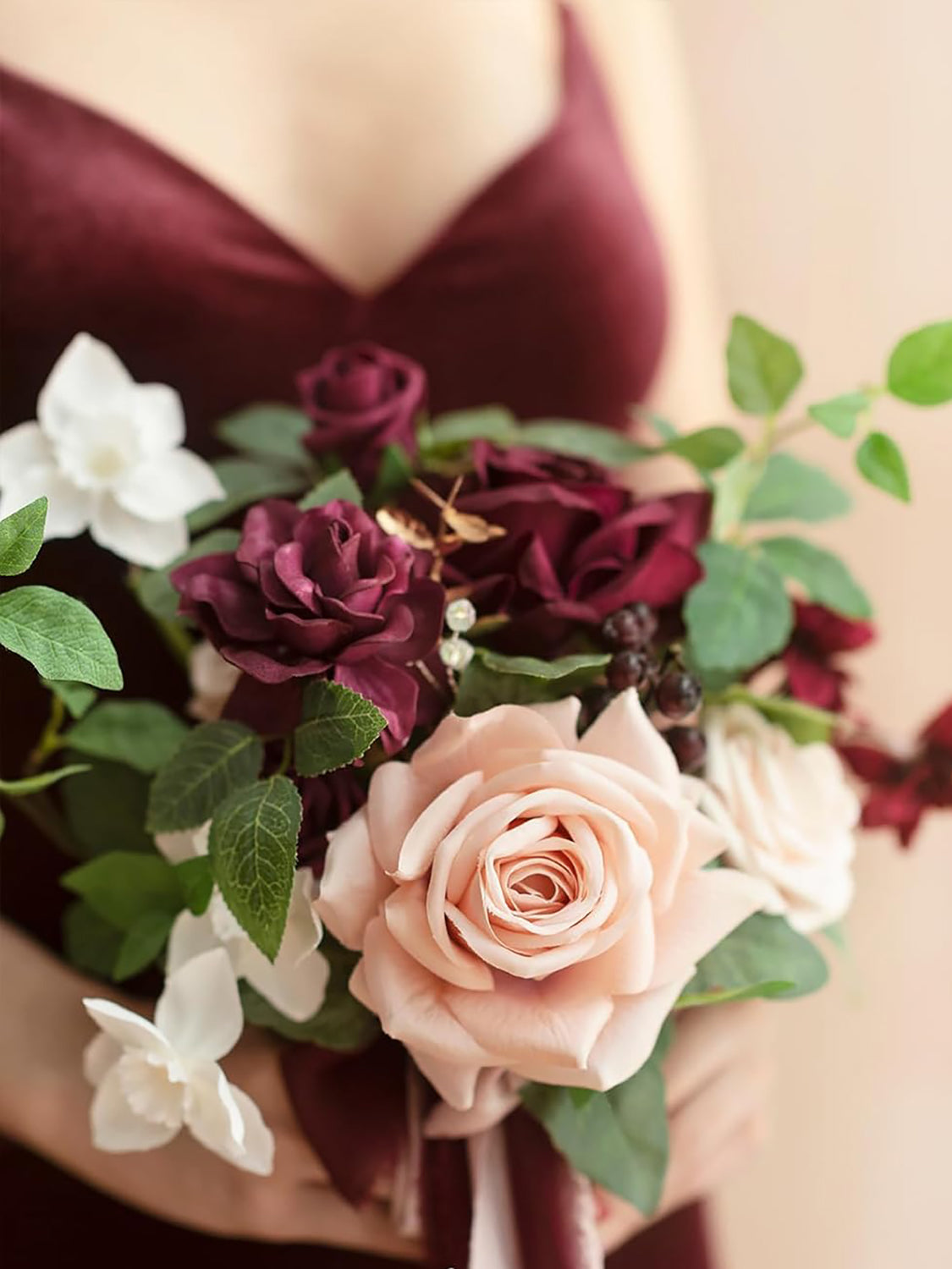Marsala & Blush Pink Artificial Flowers Bridesmaid Bouquet 7 Inch