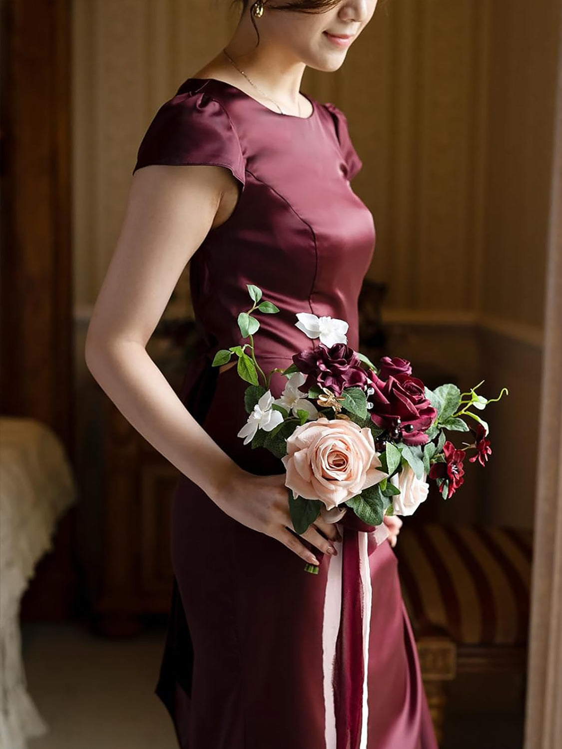 Marsala & Blush Pink Artificial Flowers Bridesmaid Bouquet 7 Inch