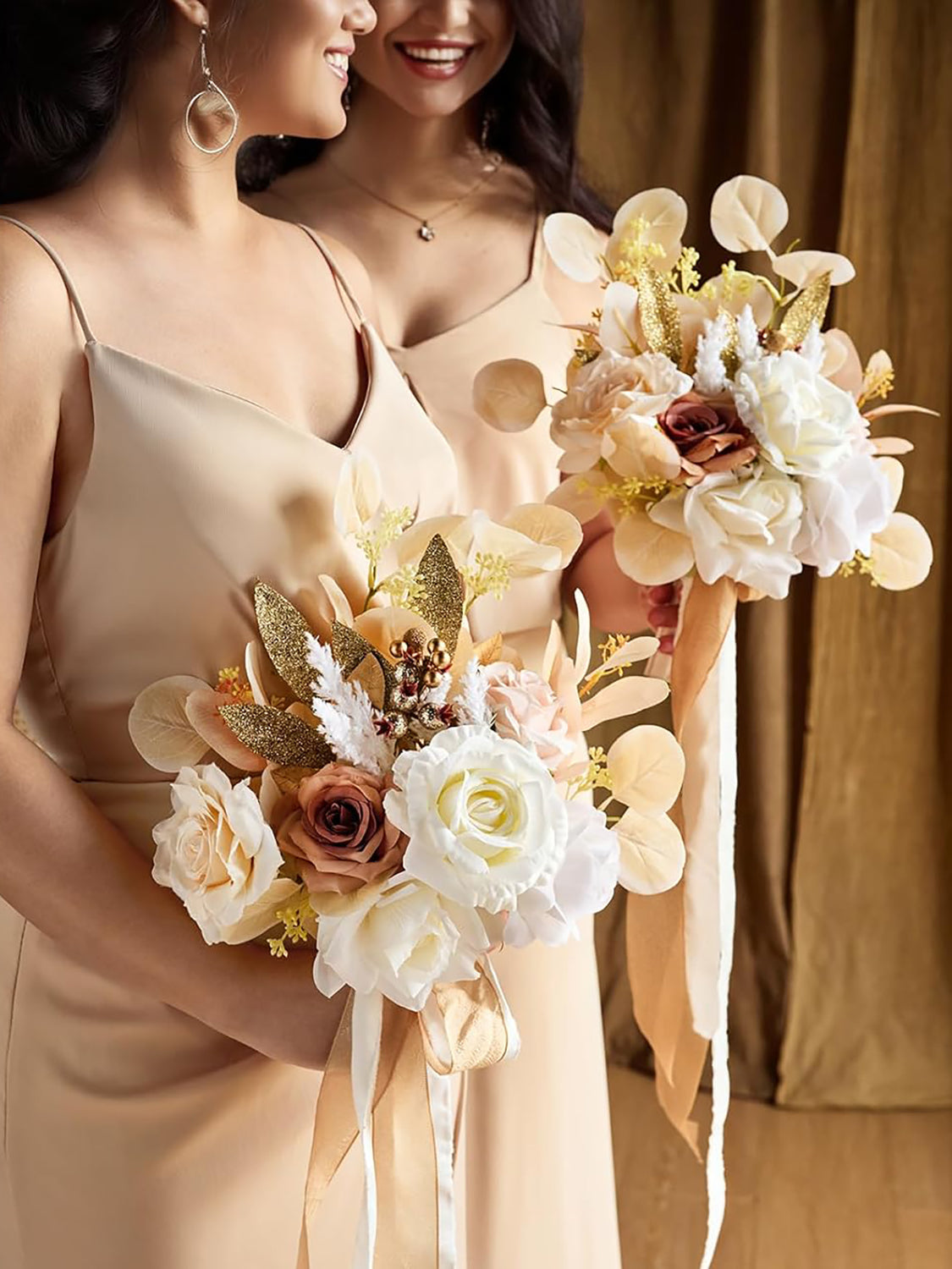 White & Beige Wedding Artificial Flowers Bridesmaid Bouquet 7 Inch