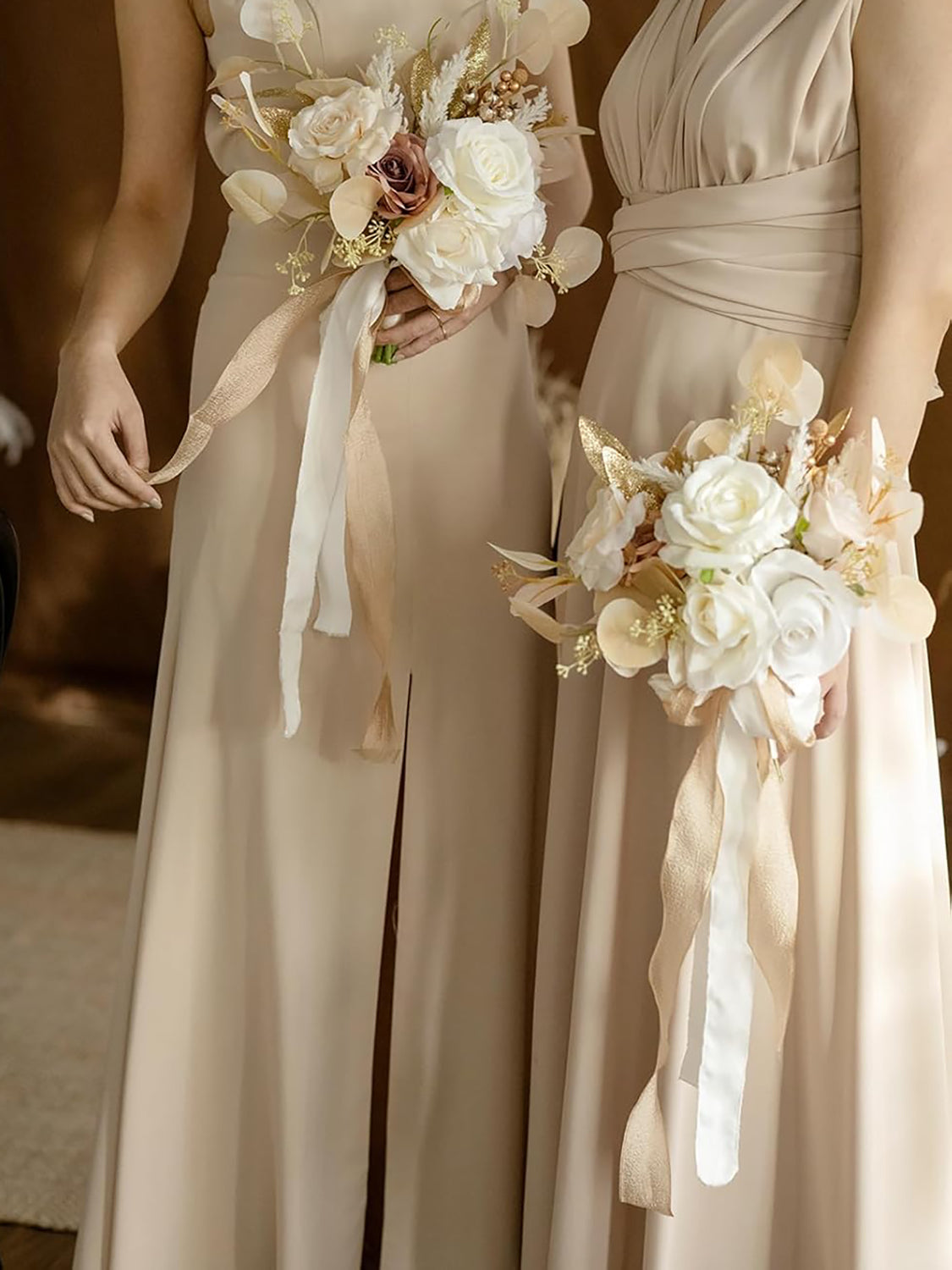 White & Beige Wedding Artificial Flowers Bridesmaid Bouquet 7 Inch