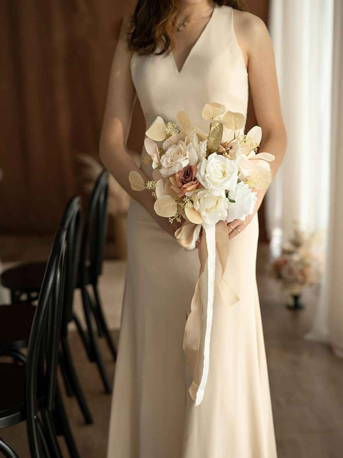 White & Beige Wedding Artificial Flowers Bridesmaid Bouquet 7 Inch