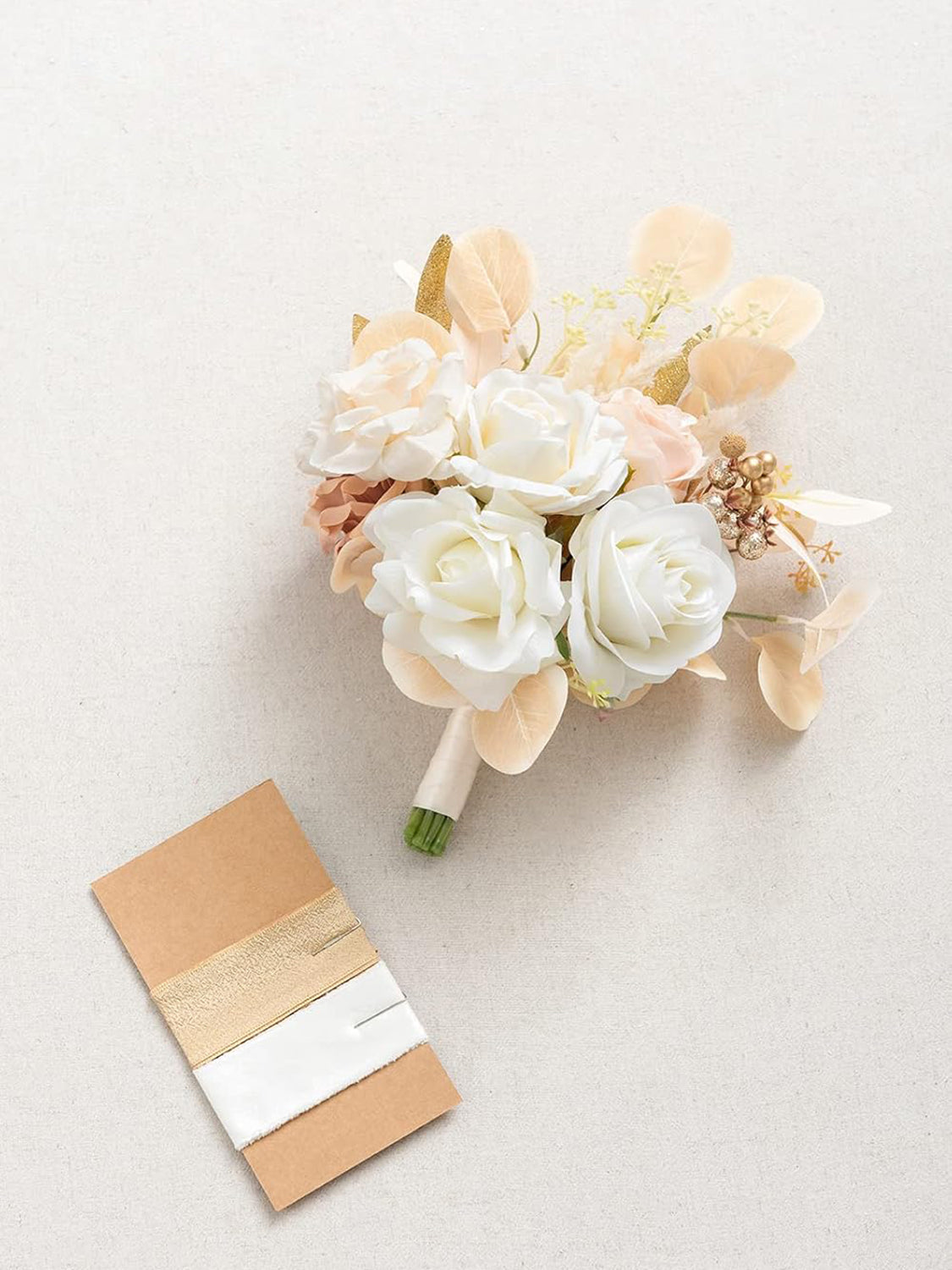 White & Beige Wedding Artificial Flowers Bridesmaid Bouquet 7 Inch