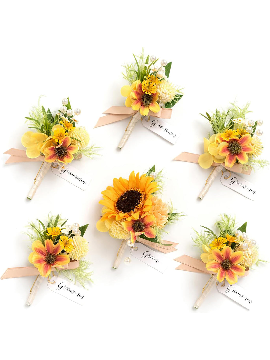 Sunflower Yellow 6pcs Artificial Flowers Groom Groomsmen Boutonniere