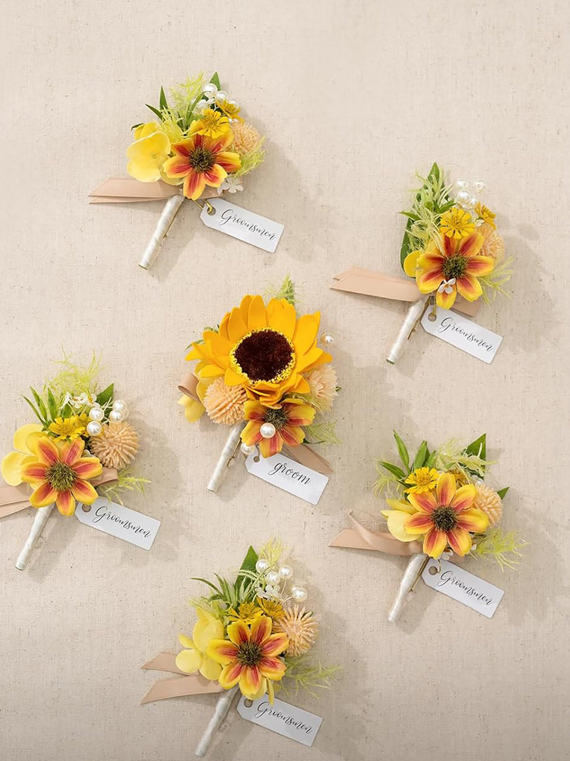 Sunflower Yellow 6pcs Artificial Flowers Groom Groomsmen Boutonniere