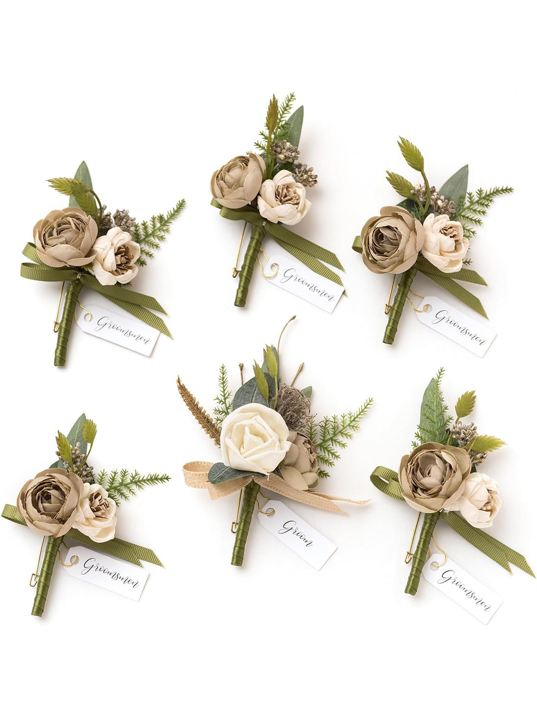 Brown 6pcs Artificial Flowers Groom Groomsmen Boutonniere