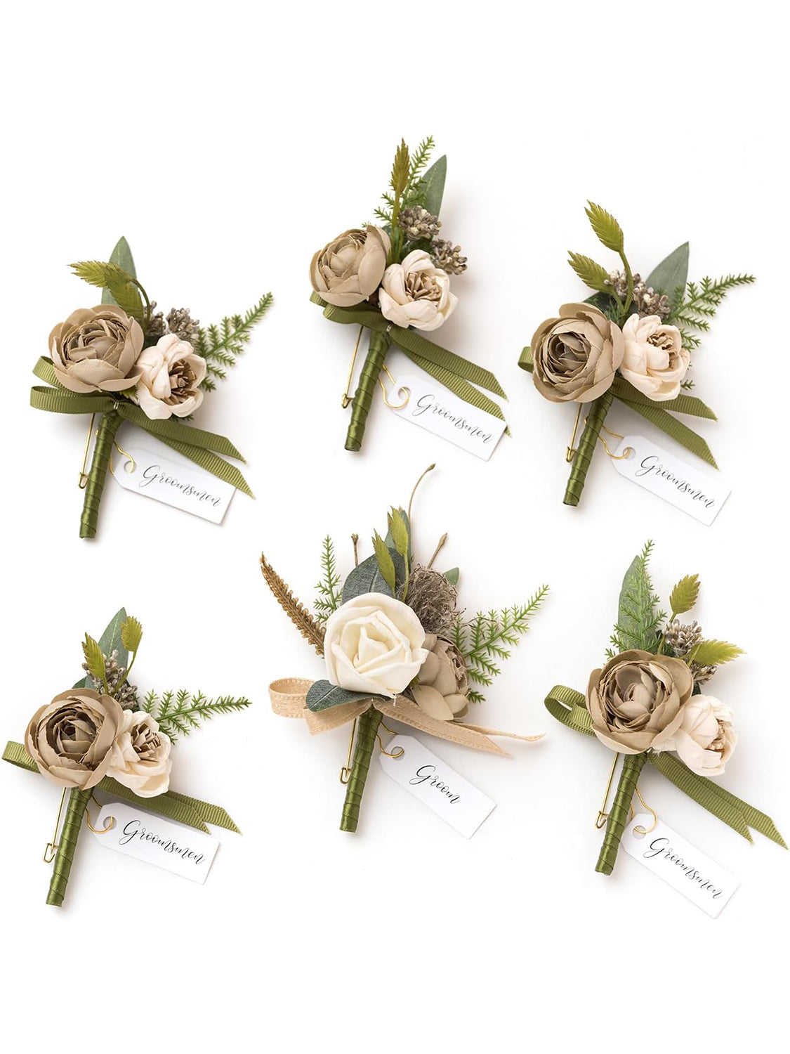 Brown 6pcs Artificial Flowers Groom Groomsmen Boutonniere