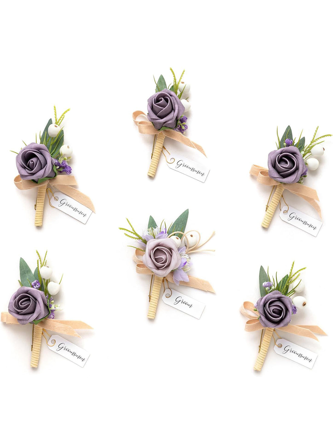 Lilac & Berry 6pcs Artificial Flowers Groom Groomsmen Boutonniere