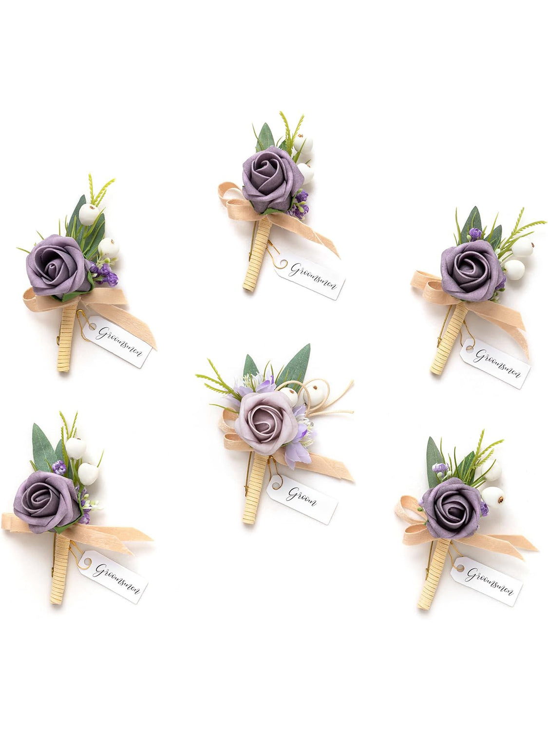 Lilac & Berry 6pcs Artificial Flowers Groom Groomsmen Boutonniere