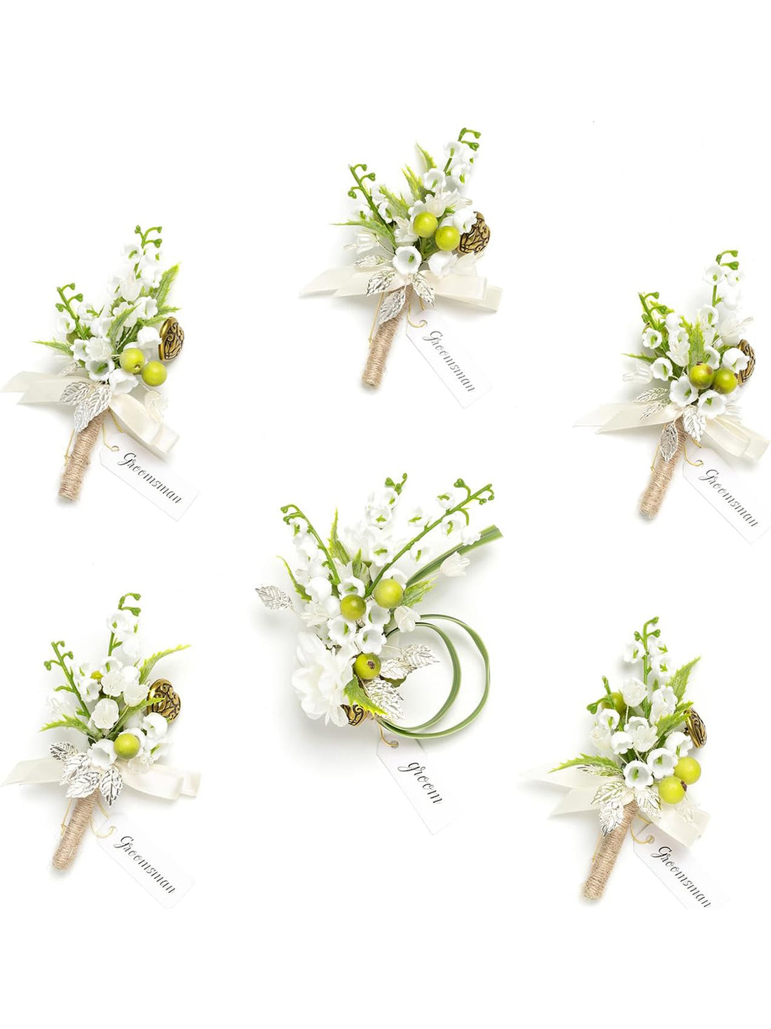 White & Lily & Olive 6pcs Artificial Flowers Groom Groomsmen Boutonniere