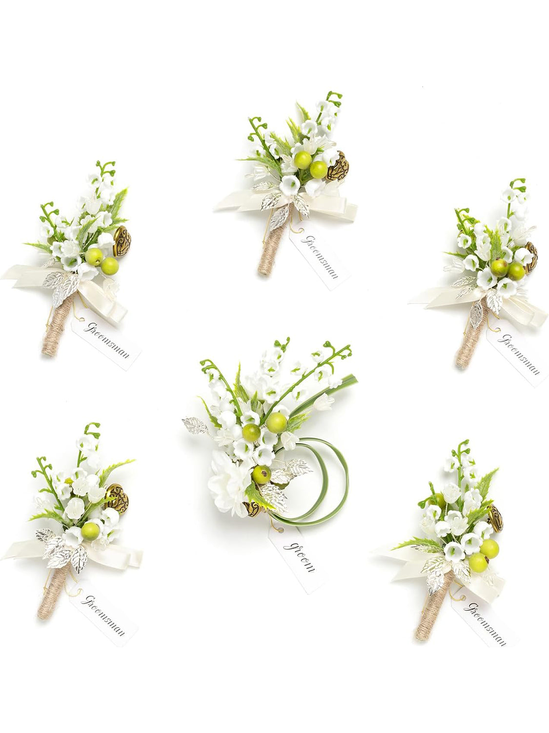 White & Lily & Olive 6pcs Artificial Flowers Groom Groomsmen Boutonniere
