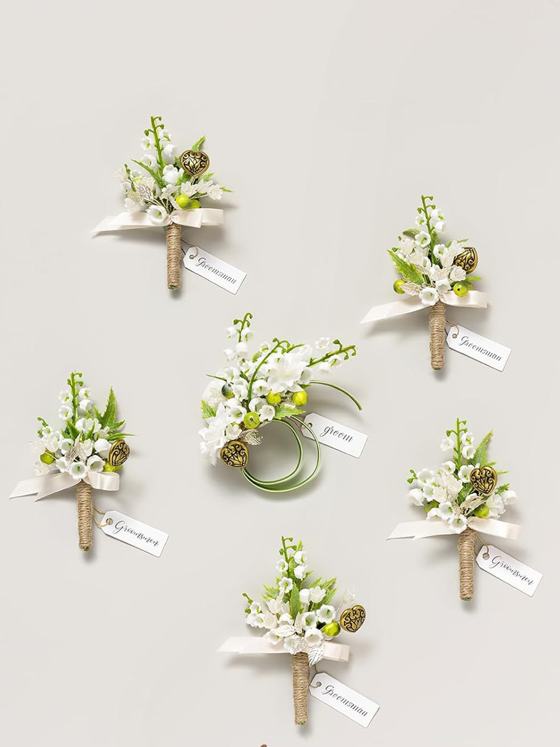 White & Lily & Olive 6pcs Artificial Flowers Groom Groomsmen Boutonniere