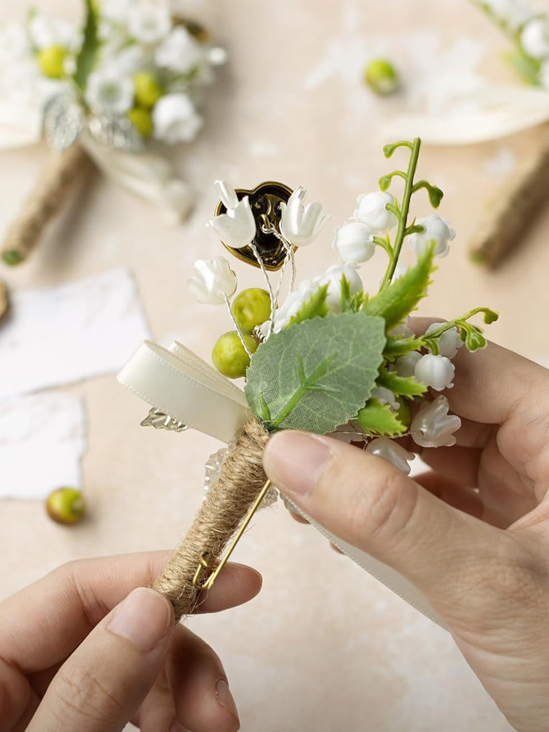White & Lily & Olive 6pcs Artificial Flowers Groom Groomsmen Boutonniere