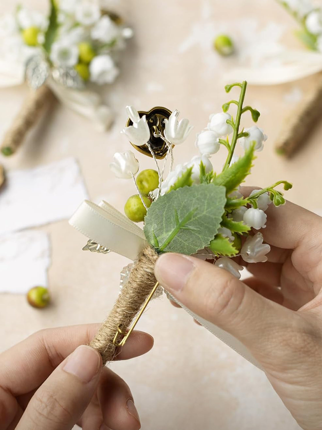 White & Lily & Olive 6pcs Artificial Flowers Groom Groomsmen Boutonniere