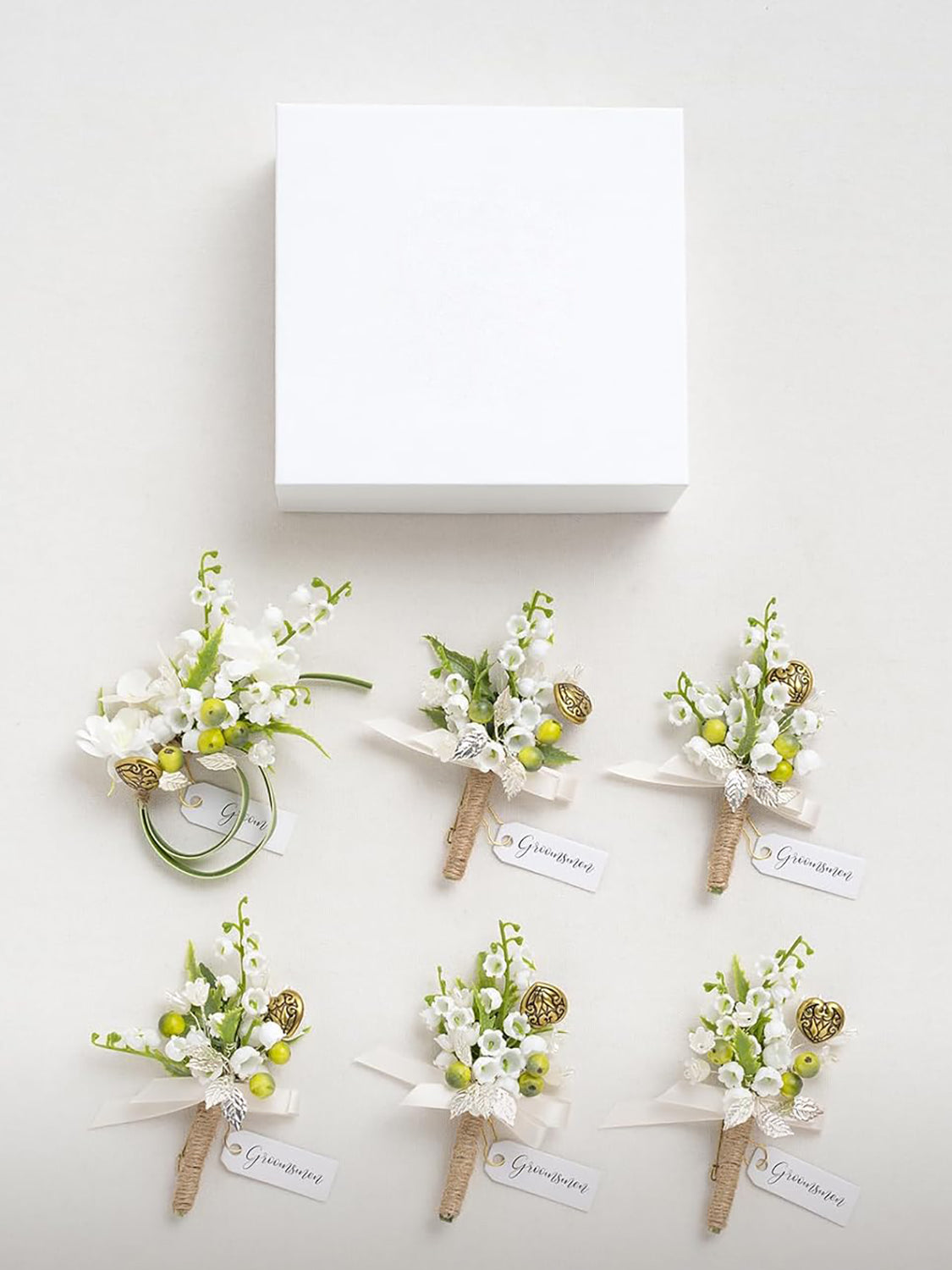 White & Lily & Olive 6pcs Artificial Flowers Groom Groomsmen Boutonniere