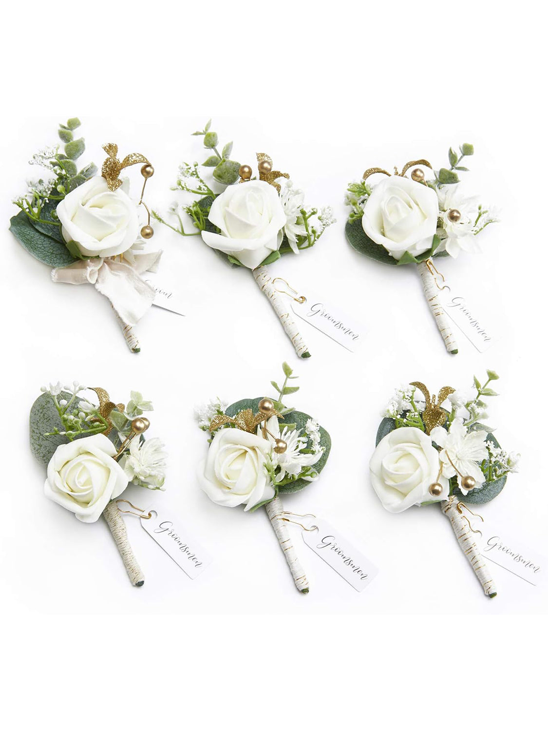White Baby Breath & Ivory 6pcs Artificial Flowers Groom Groomsmen Boutonniere