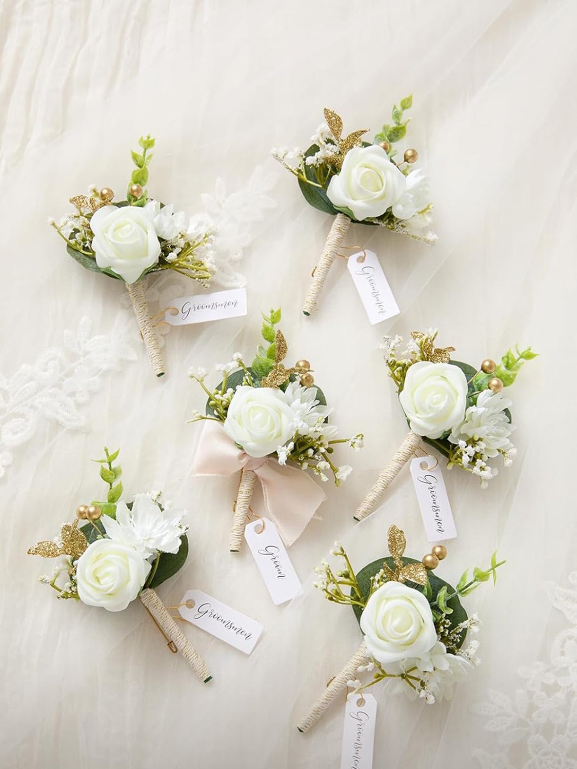 White Baby Breath & Ivory 6pcs Artificial Flowers Groom Groomsmen Boutonniere