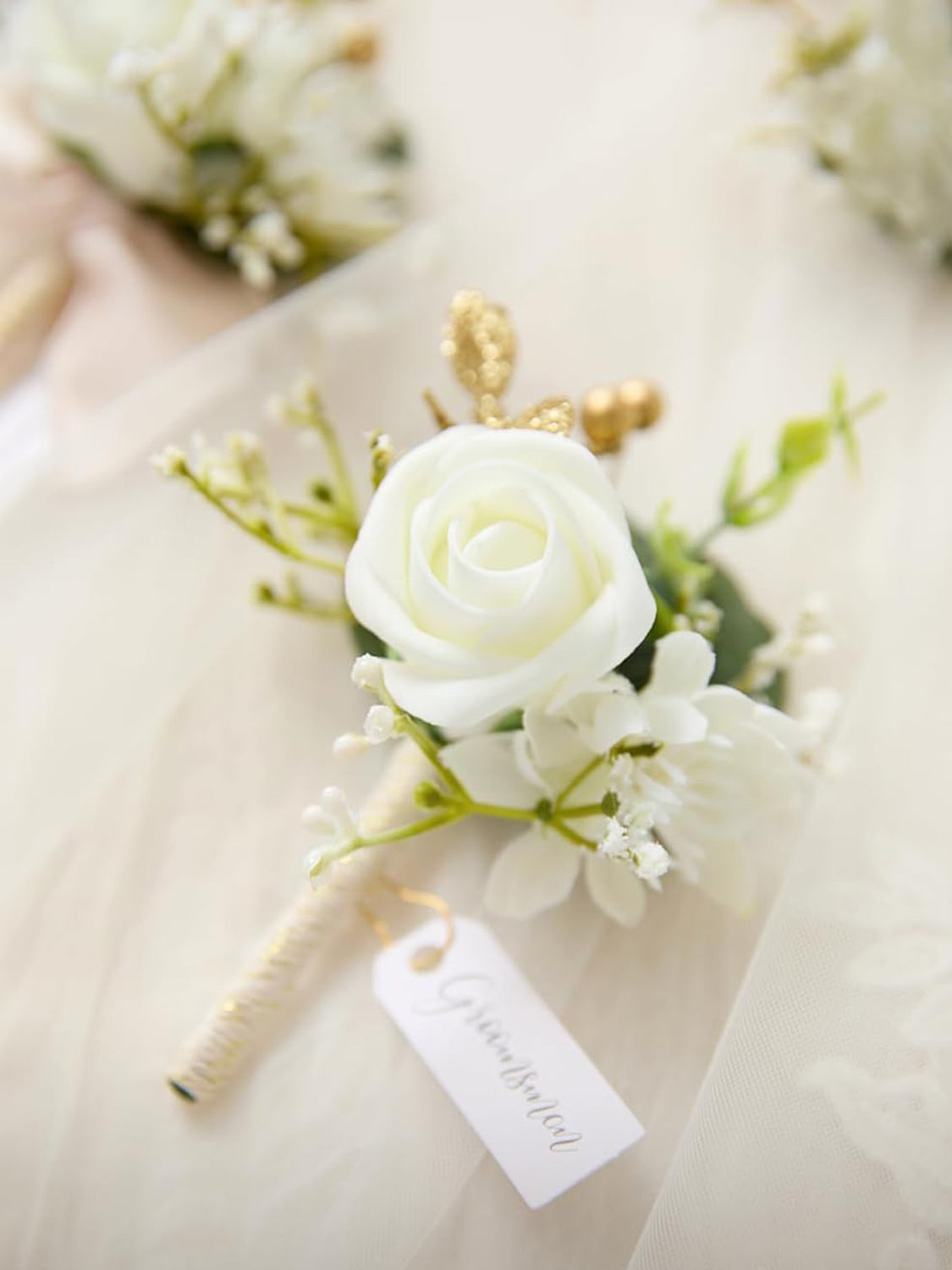White Baby Breath & Ivory 6pcs Artificial Flowers Groom Groomsmen Boutonniere
