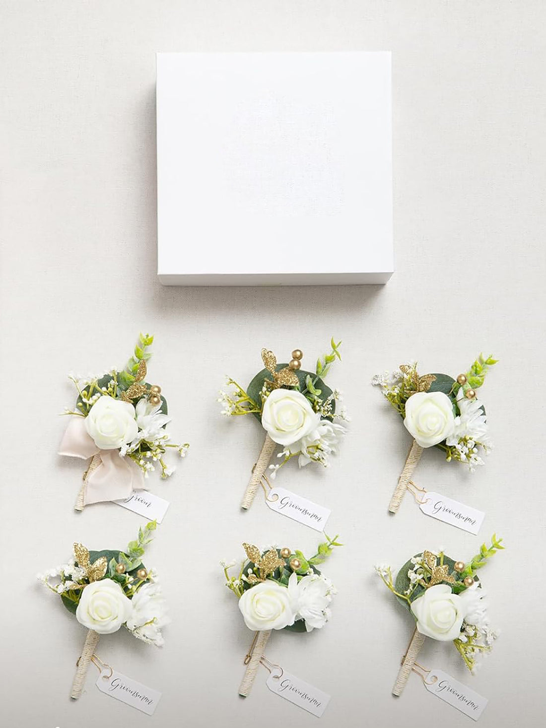 White Baby Breath & Ivory 6pcs Artificial Flowers Groom Groomsmen Boutonniere