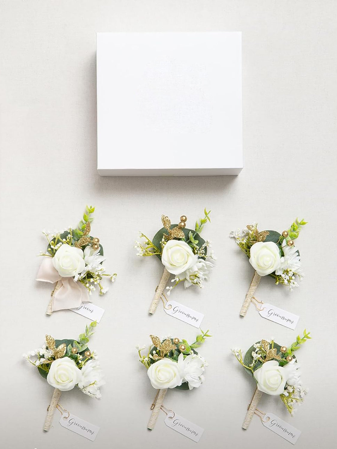 White Baby Breath & Ivory 6pcs Artificial Flowers Groom Groomsmen Boutonniere