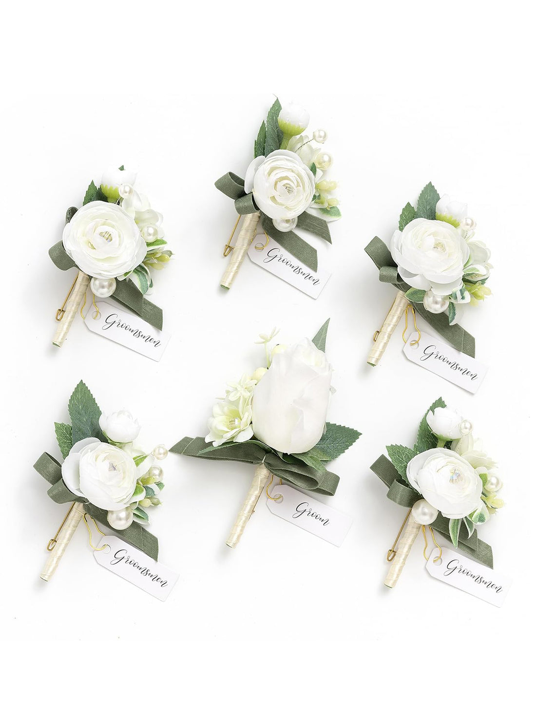 White Ranunculus & Pearl 6pcs Artificial Flowers Groom Groomsmen Boutonniere