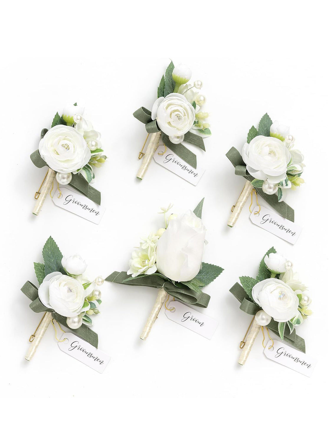 White Ranunculus & Pearl 6pcs Artificial Flowers Groom Groomsmen Boutonniere