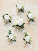 White Ranunculus & Pearl 6pcs Artificial Flowers Groom Groomsmen Boutonniere