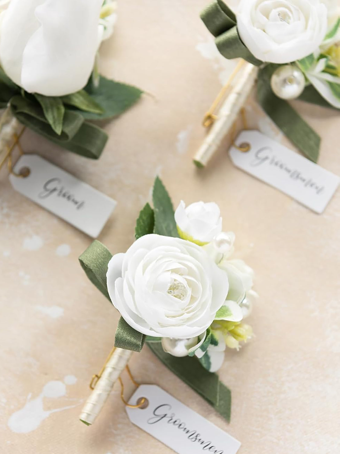 White Ranunculus & Pearl 6pcs Artificial Flowers Groom Groomsmen Boutonniere