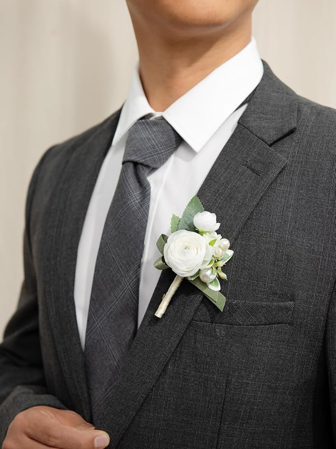 White Ranunculus & Pearl 6pcs Artificial Flowers Groom Groomsmen Boutonniere