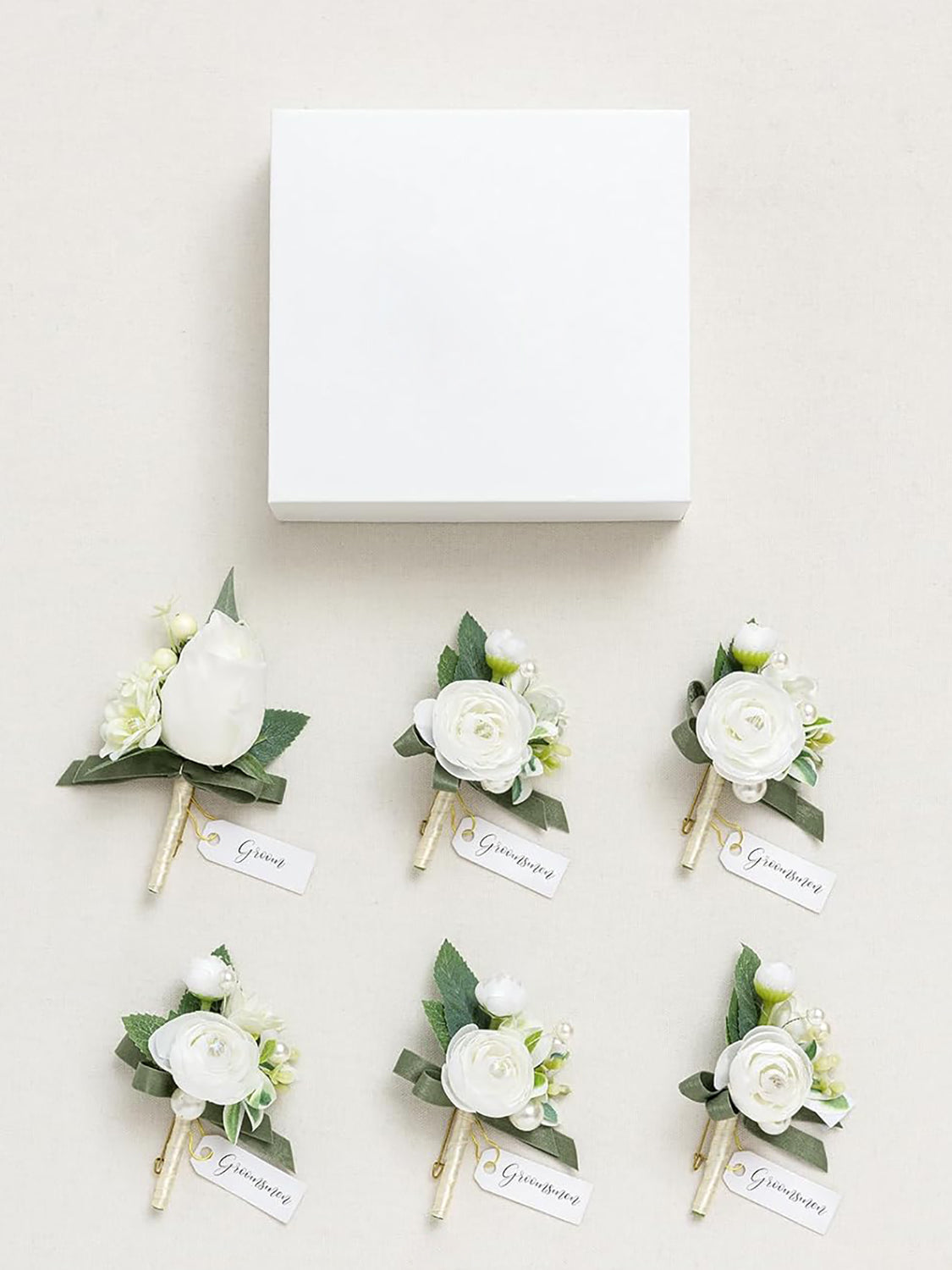 White Ranunculus & Pearl 6pcs Artificial Flowers Groom Groomsmen Boutonniere