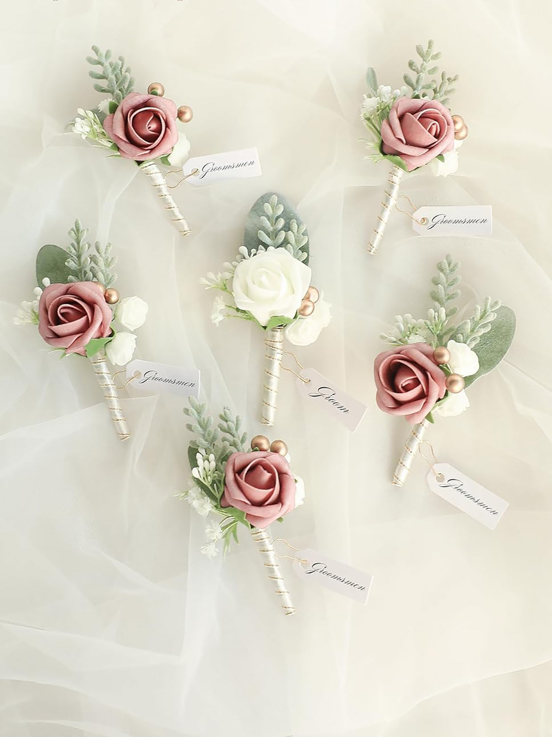 Dusty Rose & Ivory Set of 6 Dusty Rose & Ivory Foam Rose Boutonnieres