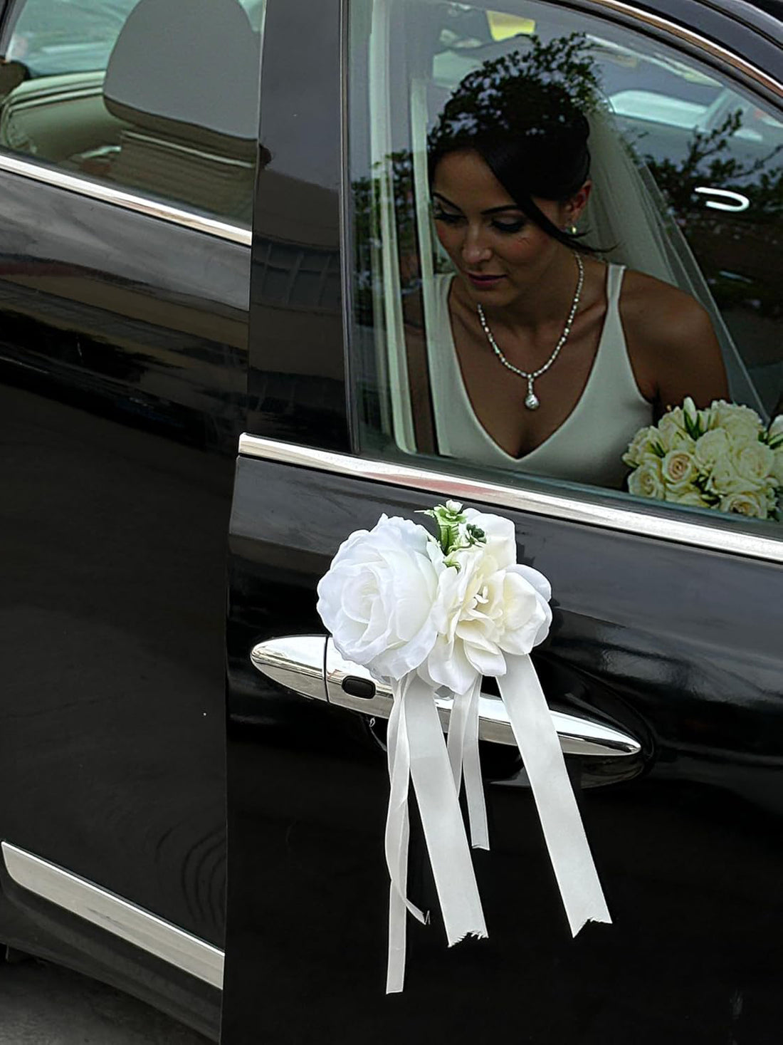White Rose And Peony Wedding Car Door Handle Decor 12cm Set of 4