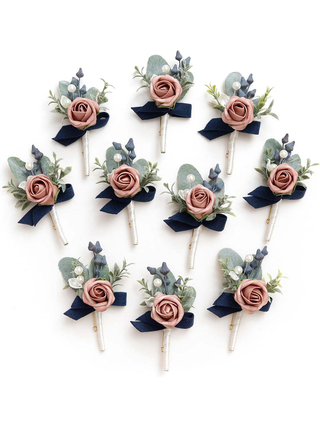 Dusty Rose & Navy Blue 10pcs Groomsmen Guest Boutonniere
