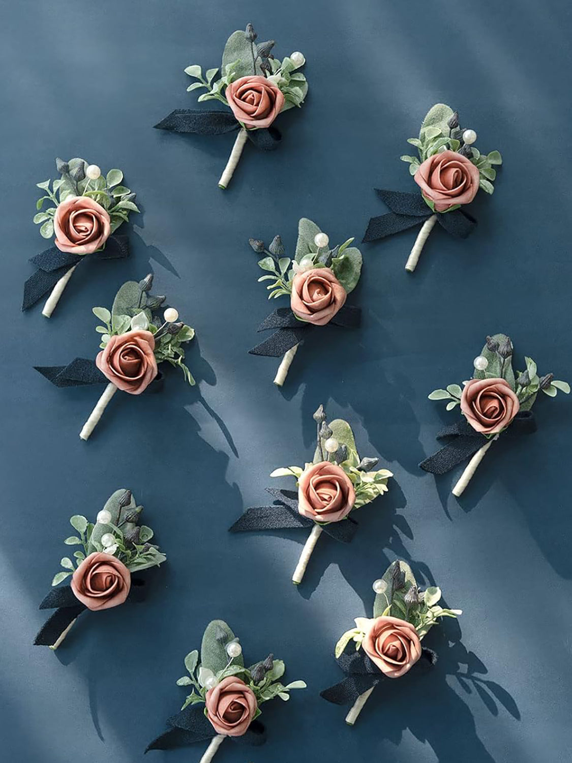 Dusty Rose & Navy Blue 10pcs Groomsmen Guest Boutonniere