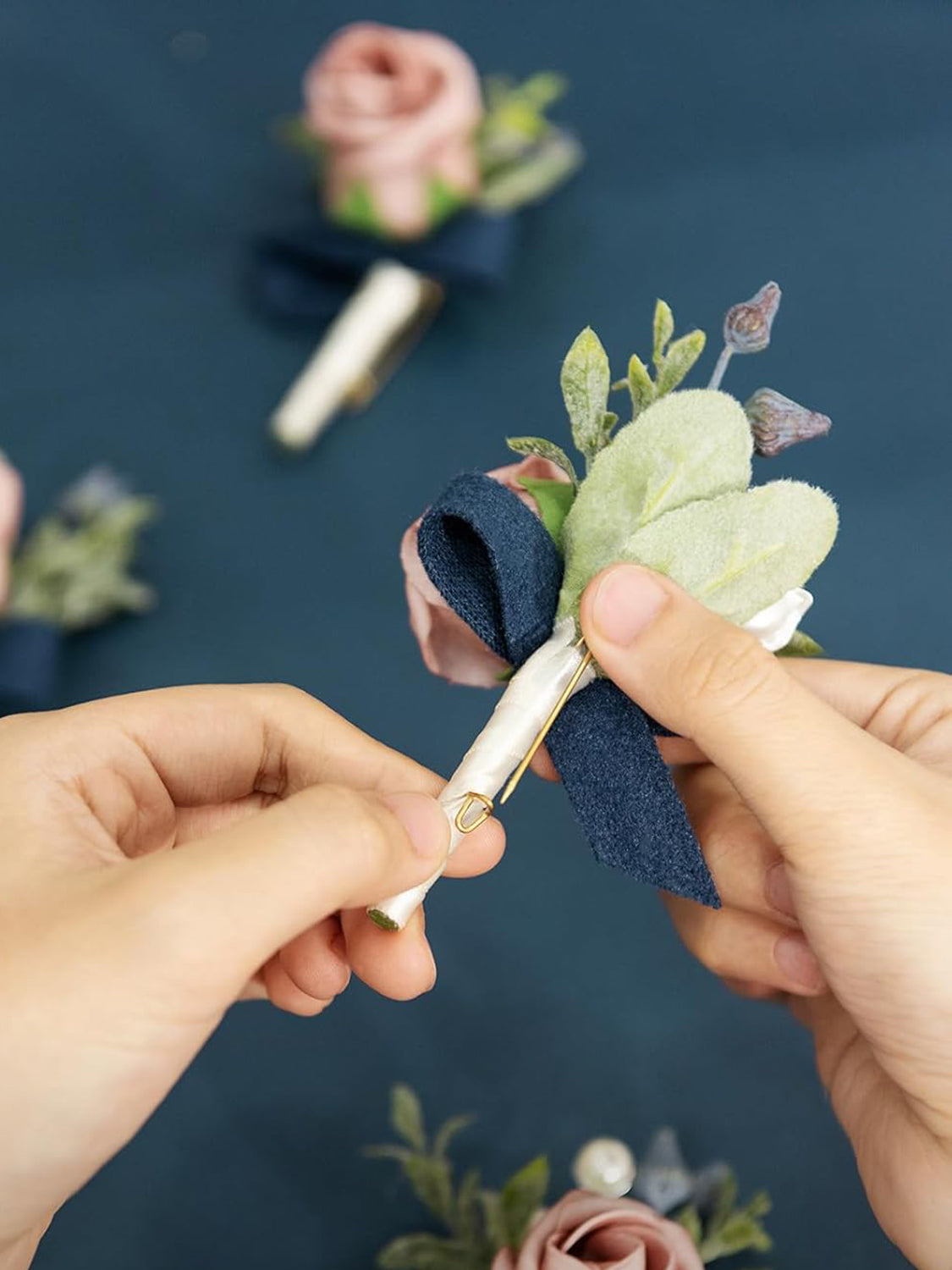 Dusty Rose & Navy Blue 10pcs Groomsmen Guest Boutonniere
