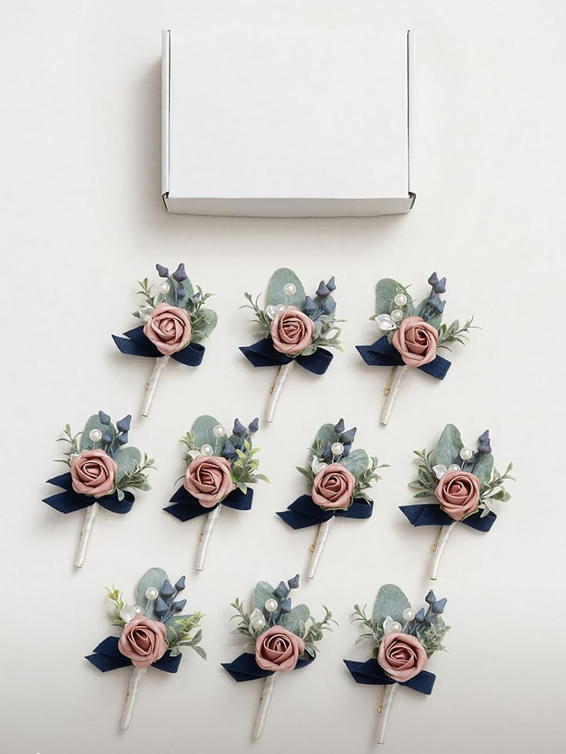 Dusty Rose & Navy Blue 10pcs Groomsmen Guest Boutonniere