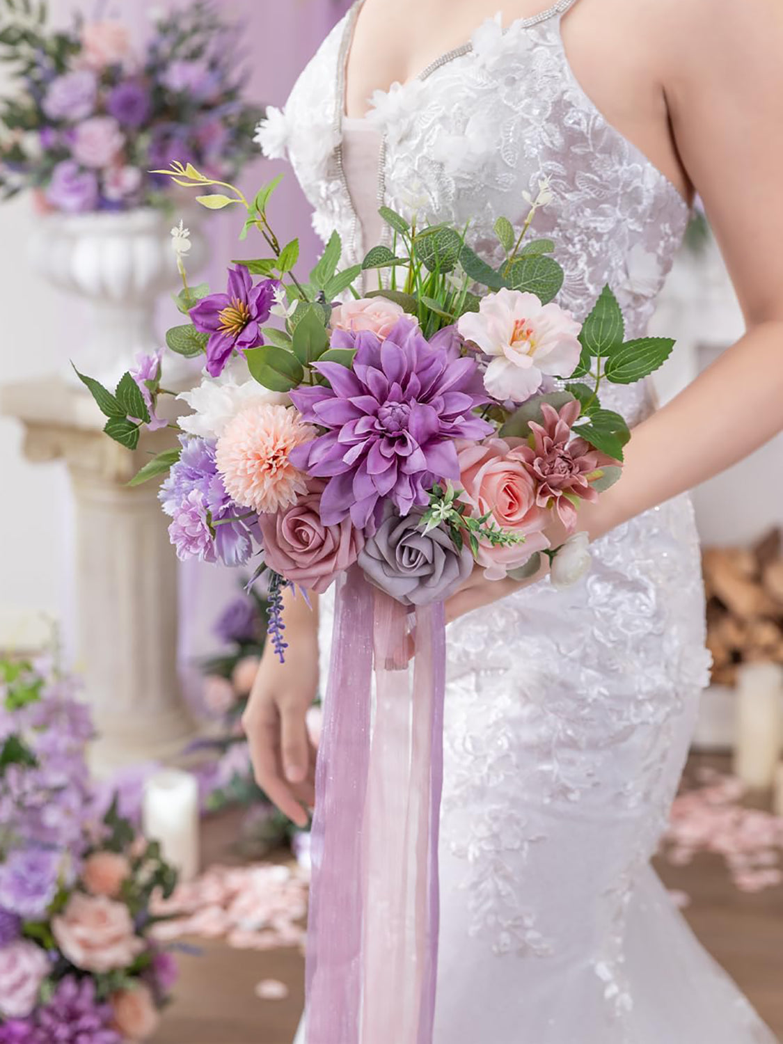 Violet & Misty Rose Artificial 9 Inch Bridal Bouquet