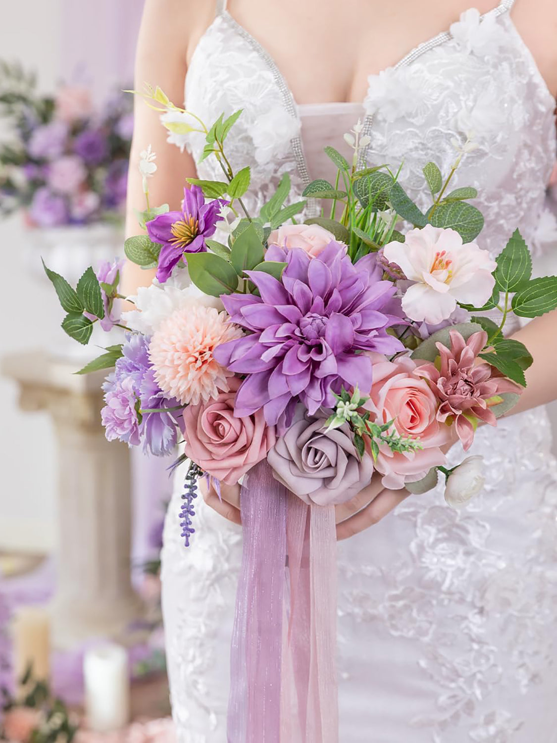 Violet & Misty Rose Artificial 9 Inch Bridal Bouquet